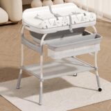 T﻿INSY Baby Changing Station with Bath Tub and Storage | Waterproof Top Panel | Elevated Frame | Nursery Organizer | Easy Cleaning | Infant Changing Table | Compact Design | White