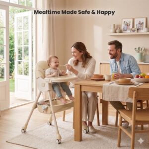 TINSY Feeding High Chair | Adjustable Safety Straps for Secure Seating | Stable Reinforced Legs | Easy-Clean Tray | Comfort Backrest | Compact Design | 0-5 Years | Cream