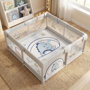 TINSY Fabric Playpen 150 x 180 cm for Toddlers & Kids up to 5 Years |Playard with Balls and 2 Grasp Rings | Compact Mesh Enclosure | Playard with Safety | Indoor Play Area | No Mat