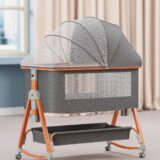 TINSY Woodline Pro Baby Bedside Crib with Wooden Finish Pattern & Aluminium Top Rail (Light Grey, Up to 25 kg), Adjustable Height & Anti-Reflux Tilt, Wheels & Rocking Function, Mosquito Net & Storage