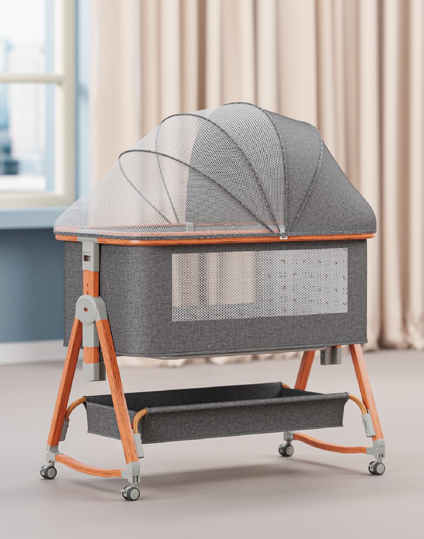 TINSY Woodline Pro Baby Bedside Crib with Wooden Finish Pattern & Aluminium Top Rail (Light Grey, Up to 25 kg), Adjustable Height & Anti-Reflux Tilt, Wheels & Rocking Function, Mosquito Net & Storage TINSY Woodline Pro Baby Bedside Crib with Wooden Finish Pattern & Aluminium Top Rail (Light Grey, Up to 25 kg), Adjustable Height & Anti-Reflux Tilt, Wheels & Rocking Function, Mosquito Net & Storage