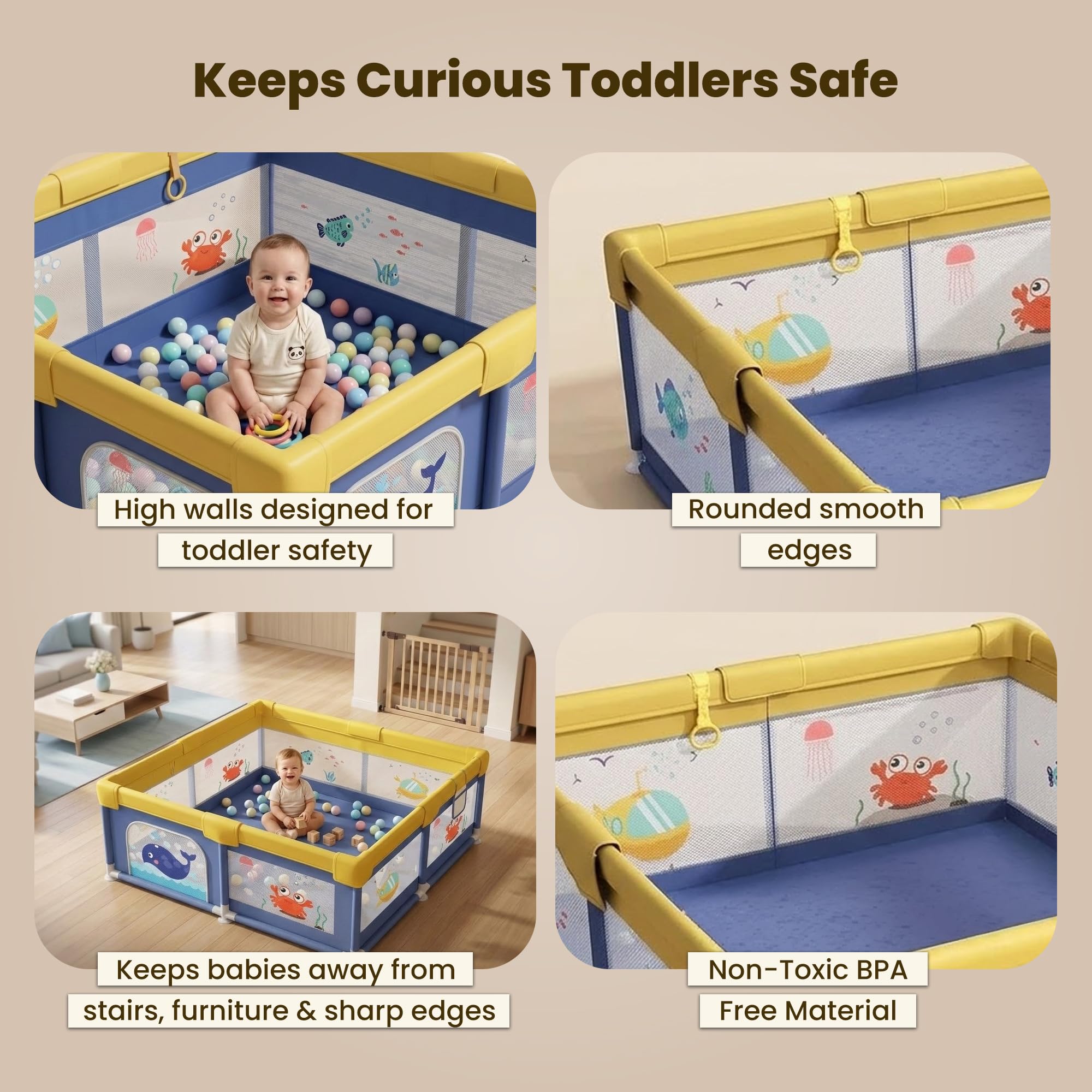 TINSY Fabric Playpen 150 x 180 cm for Toddlers & Kids up to 5 Years |Playard with Balls and 2 Grasp Rings | Compact Mesh Enclosure | Playard with Safety | Indoor Play Area | No Mat
