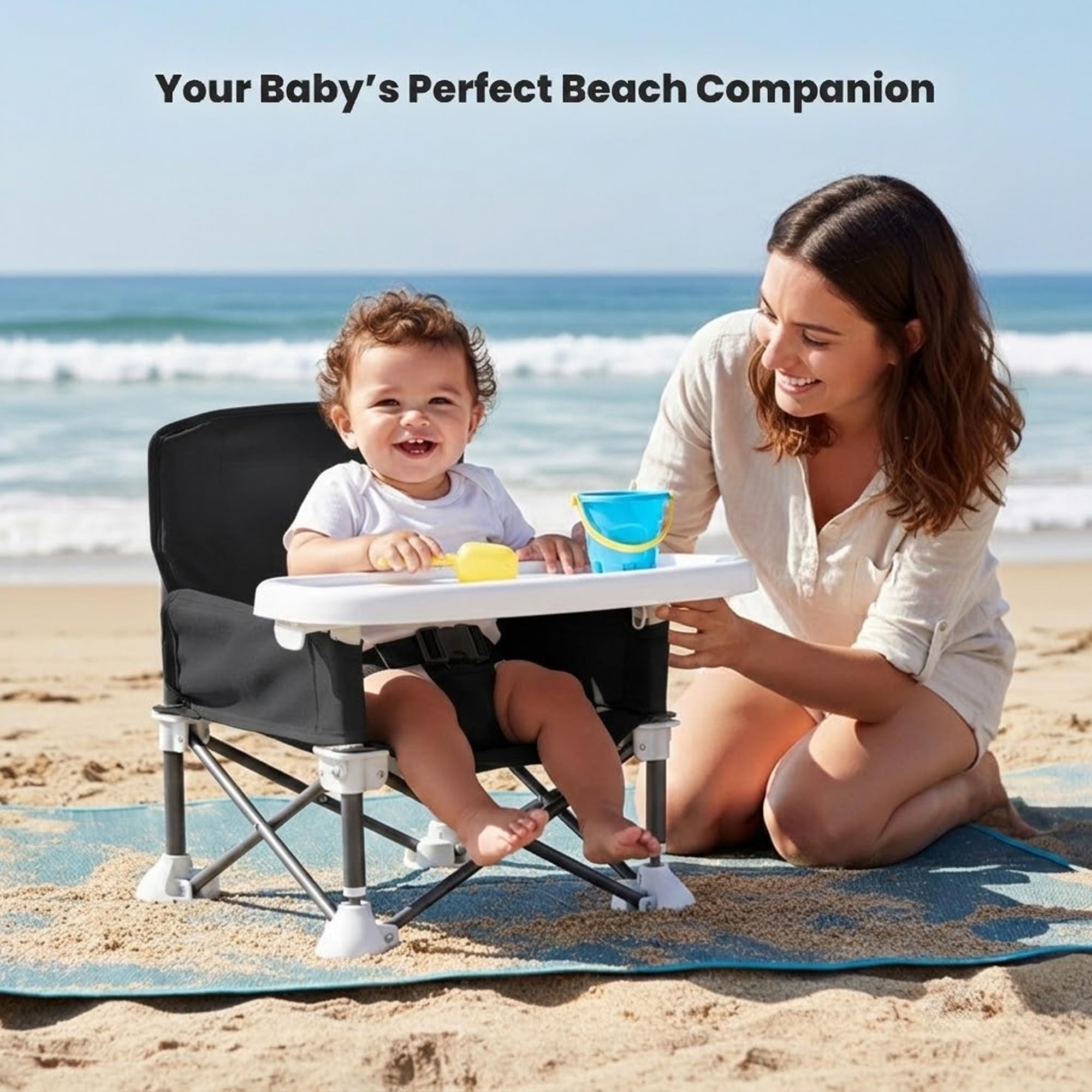 TINSY Foldable Baby Beach Chair | Lightweight Outdoor Seat | Stable Frame | Compact Foldable Design | Portable Kids Chair | Travel Friendly | Black