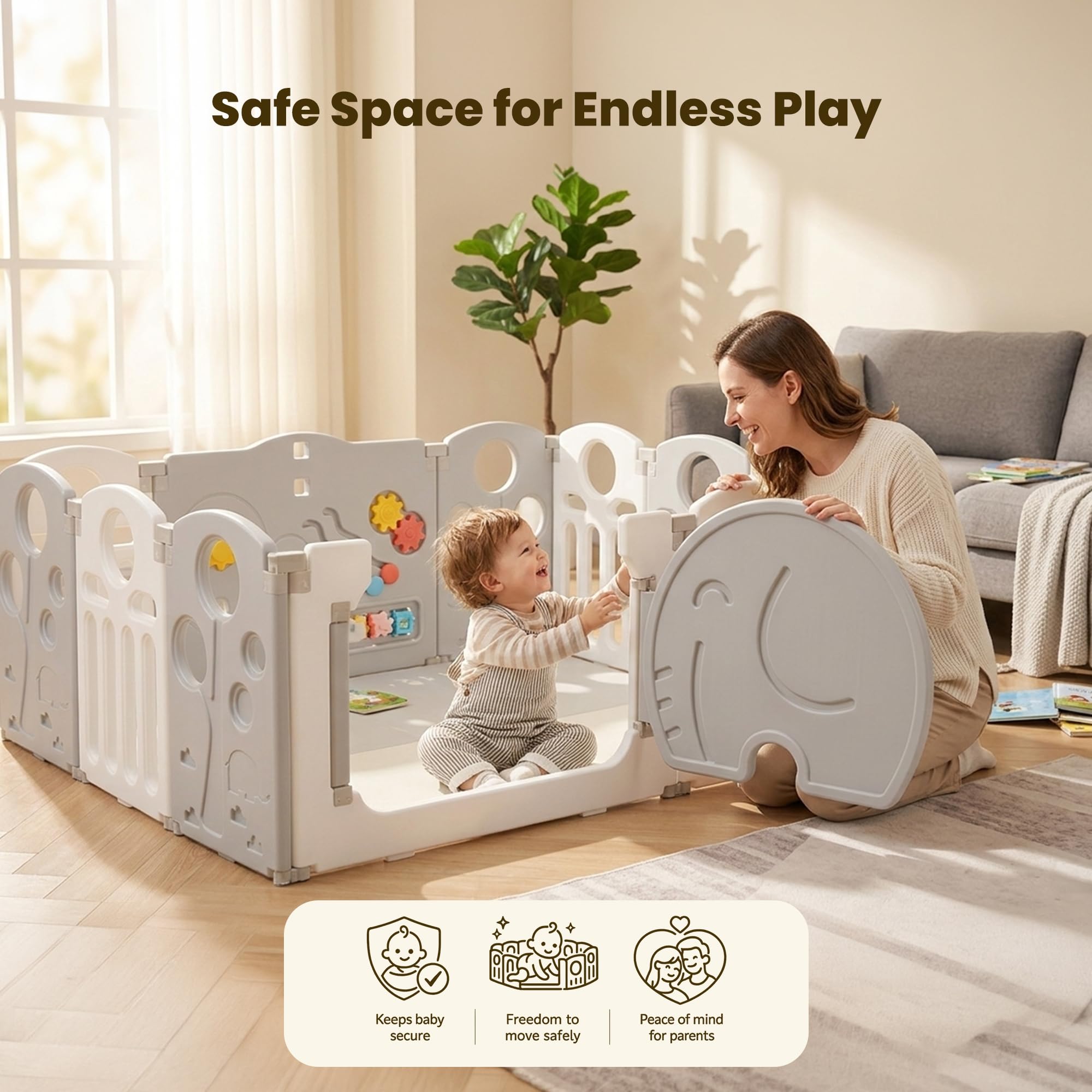 TINSY Foldable Baby Playpen for Kids & Toddlers up to 5 Years (150 × 150 cm, 14 Panels, ~25 Sqft) | Safety Gate Lock | Large Indoor Baby Play Yard / Activity Play Area | Sturdy Kids Safety Fence | No Mat