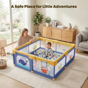 TINSY Fabric Playpen 150 x 180 cm for Toddlers & Kids up to 5 Years |Playard with Balls and 2 Grasp Rings | Compact Mesh Enclosure | Playard with Safety | Indoor Play Area | No Mat