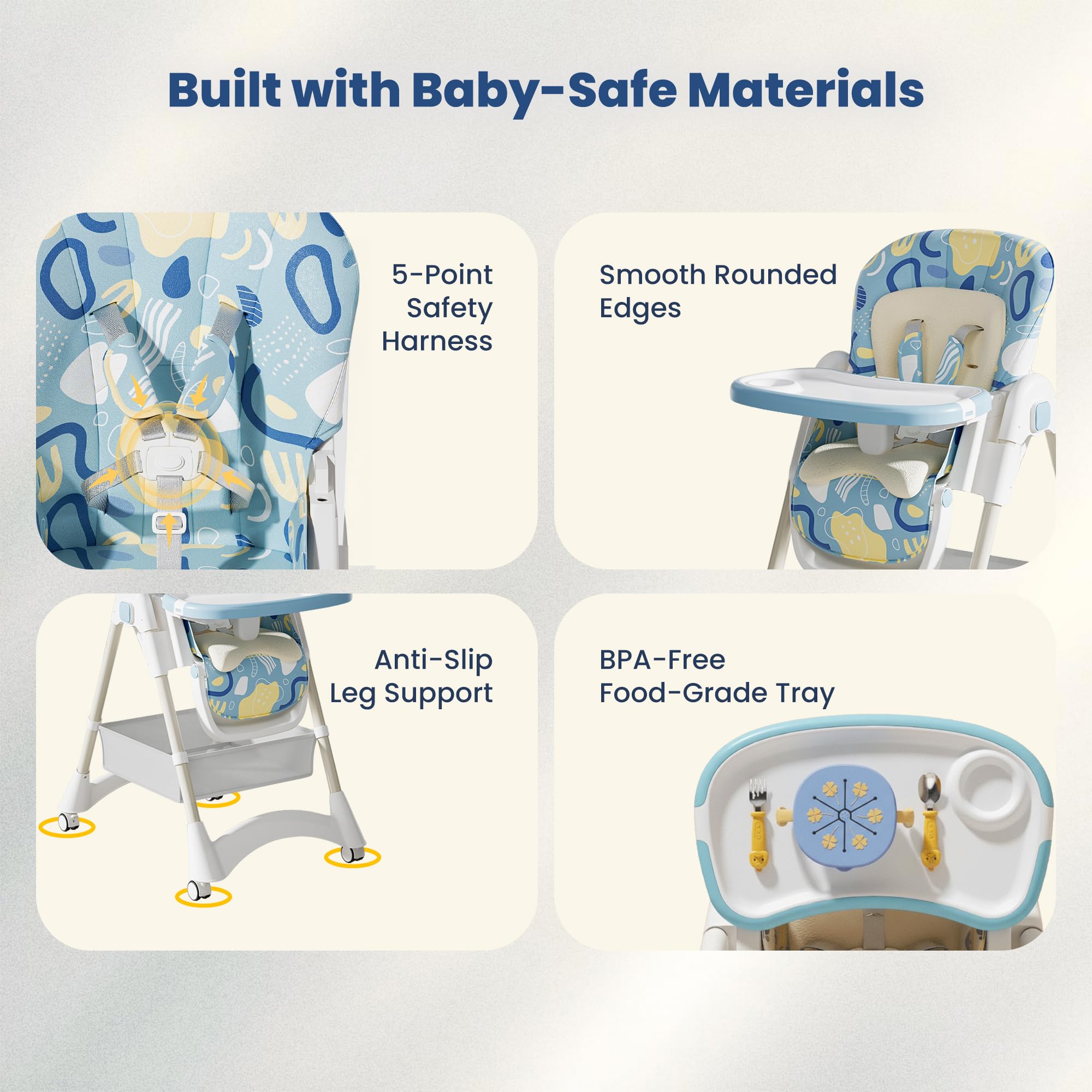 TINSY Baby Adjustable High Chair | Dual Tray System for Feeding | Anti-Slip Feet for Stability | Comfortable Cushion Seat | Boys and Girls