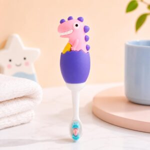 Tinsy Toddler Toothbrush with Travel Case – Cartoon Dinosaur Handle with Anti-Slip Grip, Extra-Soft Bristles for Gentle Cleaning & Sensitive Gums (Pastel Yellow & Seafoam Green) - Pack of 2