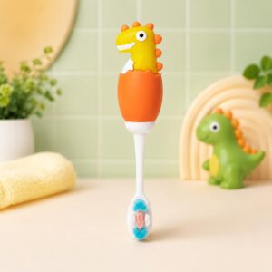 Tinsy Toddler Toothbrush with Travel Case – Cartoon Dinosaur Handle with Anti-Slip Grip, Extra-Soft Bristles for Gentle Cleaning & Sensitive Gums (Pastel Yellow & Seafoam Green) - Pack of 2