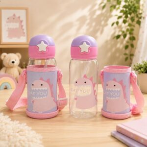 TINSY Kids Rabbit Design Water Bottle 400 ml – Leak-Proof Straw Bottle with Carry Strap, Cute & Durable, Ideal for School & Travel (Blueberry Bunny)