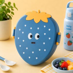 TINSY Cute Expression Strawberry Kids Lunch Box – Leakproof Toddler Bento Box, Fun Face Snack Box for Preschool & Travel (Green Cheerful Berry)