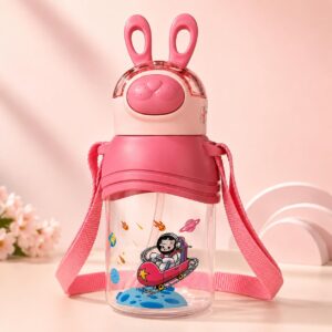 TINSY Kids Rabbit Design Water Bottle 400 ml – Leak-Proof Straw Bottle with Carry Strap, Cute & Durable, Ideal for School & Travel (Blueberry Bunny)