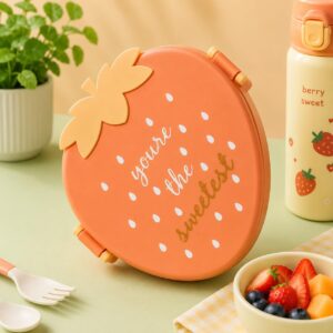 TINSY Cute Expression Strawberry Kids Lunch Box – Leakproof Toddler Bento Box, Fun Face Snack Box for Preschool & Travel (Green Cheerful Berry)