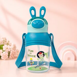 TINSY Kids Rabbit Design Water Bottle 400 ml – Leak-Proof Straw Bottle with Carry Strap, Cute & Durable, Ideal for School & Travel (Blueberry Bunny)