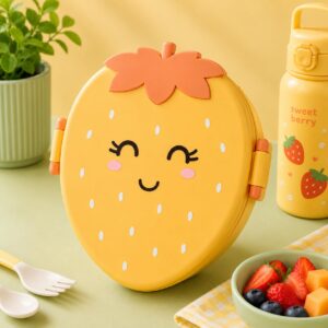 TINSY Cute Expression Strawberry Kids Lunch Box – Leakproof Toddler Bento Box, Fun Face Snack Box for Preschool & Travel (Green Cheerful Berry)