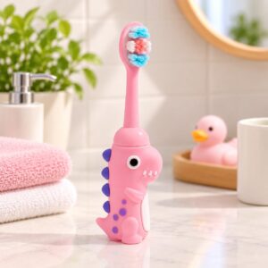 Tinsy Toddler Toothbrush with Travel Case – Cartoon Dinosaur Handle with Anti-Slip Grip, Extra-Soft Bristles for Gentle Cleaning & Sensitive Gums (Pastel Yellow & Seafoam Green) - Pack of 2