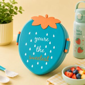 TINSY Cute Expression Strawberry Kids Lunch Box – Leakproof Toddler Bento Box, Fun Face Snack Box for Preschool & Travel (Green Cheerful Berry)