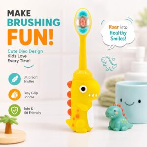 Tinsy Toddler Toothbrush with Travel Case – Cartoon Dinosaur Handle with Anti-Slip Grip, Extra-Soft Bristles for Gentle Cleaning & Sensitive Gums (Pastel Yellow & Seafoam Green) - Pack of 2