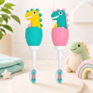 Tinsy Toddler Toothbrush with Travel Case – Cartoon Dinosaur Handle with Anti-Slip Grip, Extra-Soft Bristles for Gentle Cleaning & Sensitive Gums (Pastel Yellow & Seafoam Green) - Pack of 2