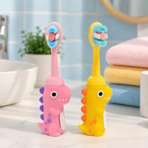 Tinsy Toddler Toothbrush with Travel Case – Cartoon Dinosaur Handle with Anti-Slip Grip, Extra-Soft Bristles for Gentle Cleaning & Sensitive Gums (Pastel Yellow & Seafoam Green) - Pack of 2