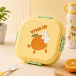 TINSY Kids Lunch Box with Compartments – 1200ml BPA-Free Leakproof Bento Box with Spoon & Fork, Cute Fruit Design for School & Travel (Mango Yellow)