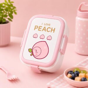 TINSY Cute Expression Strawberry Kids Lunch Box – Leakproof Toddler Bento Box, Fun Face Snack Box for Preschool & Travel (Green Cheerful Berry)