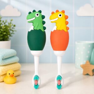 Tinsy Toddler Toothbrush with Travel Case – Cartoon Dinosaur Handle with Anti-Slip Grip, Extra-Soft Bristles for Gentle Cleaning & Sensitive Gums (Pastel Yellow & Seafoam Green) - Pack of 2