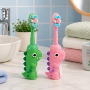 Tinsy Toddler Toothbrush with Travel Case – Cartoon Dinosaur Handle with Anti-Slip Grip, Extra-Soft Bristles for Gentle Cleaning & Sensitive Gums (Pastel Yellow & Seafoam Green) - Pack of 2