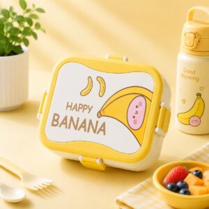 TINSY Cute Expression Strawberry Kids Lunch Box – Leakproof Toddler Bento Box, Fun Face Snack Box for Preschool & Travel (Green Cheerful Berry)