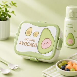 TINSY Cute Expression Strawberry Kids Lunch Box – Leakproof Toddler Bento Box, Fun Face Snack Box for Preschool & Travel (Green Cheerful Berry)