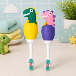 Tinsy Toddler Toothbrush with Travel Case – Cartoon Dinosaur Handle with Anti-Slip Grip, Extra-Soft Bristles for Gentle Cleaning & Sensitive Gums (Pastel Yellow & Seafoam Green) - Pack of 2