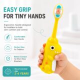 Tinsy Toddler Toothbrush with Travel Case – Cartoon Dinosaur Handle with Anti-Slip Grip, Extra-Soft Bristles for Gentle Cleaning & Sensitive Gums (Pastel Yellow & Seafoam Green) - Pack of 2