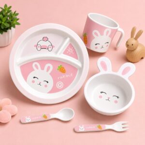 Tinsy Pink Rabbit Cartoon 5-Piece Set, Training Dinnerware for Kids, Baby Feeding Plate Set with Spoon & Fork, Cup & Bowl