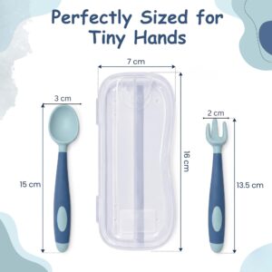 Tinsy Soft Baby Spoon and Fork Set with Travel Case, Silicone Toddler Utensils, Gentle on Gums, Training Set for Infants (Blue, Cream, Cream)