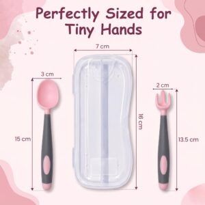 Tinsy Temperature Sensitive Soft Baby Spoon and Fork Set with Travel Case, Silicone Toddler Utensils, Gentle on Gums, Training Set for Infants (Pink)