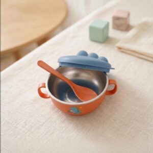 TINSY Dino Series Kids Bowl – Stainless Steel Feeding Bowl with Lid & Handles, BPA-Free, Durable & Safe for Toddlers (Mint Green Dino)