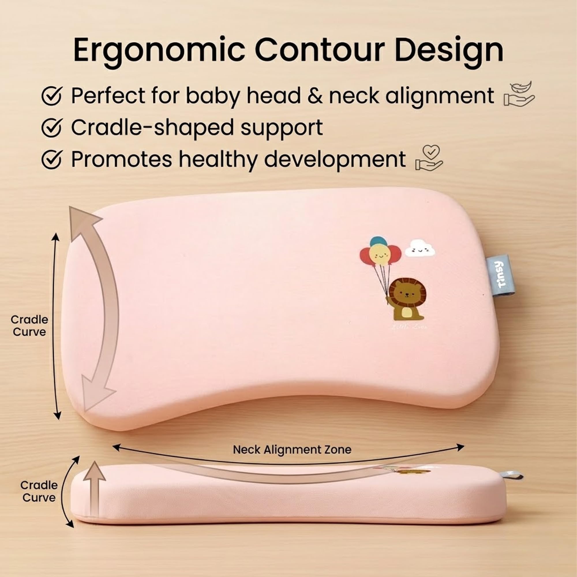 TINSY CloudSoft Baby & Toddler Memory Foam Pillow (Cotton Candy Pink), Thin Breathable (27Γ45Γ3 cm)
