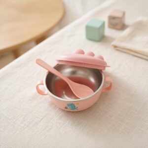 TINSY Dino Series Kids Bowl – Stainless Steel Feeding Bowl with Lid & Handles, BPA-Free, Durable & Safe for Toddlers (Mint Green Dino)