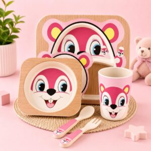 Tinsy Pink Rabbit Cartoon 5-Piece Set, Training Dinnerware for Kids, Baby Feeding Plate Set with Spoon & Fork, Cup & Bowl