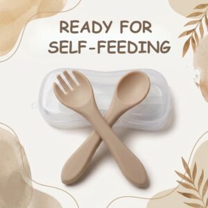 Tinsy Stainless Steel Self-Feeding Spoon and Fork Set with Travel Case, Premium Baby Utensils, Ergonomic Short-Handle Training Set for Infants & Toddlers (Orange)