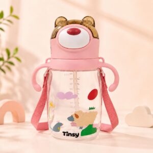 TINSY CozyCub Kids Sipper Water Bottle 550ml – Leakproof BPA-Free Sipper Bottle with Soft Silicone Straw, Carry Strap for School & Travel (Sunny Orange Bear)