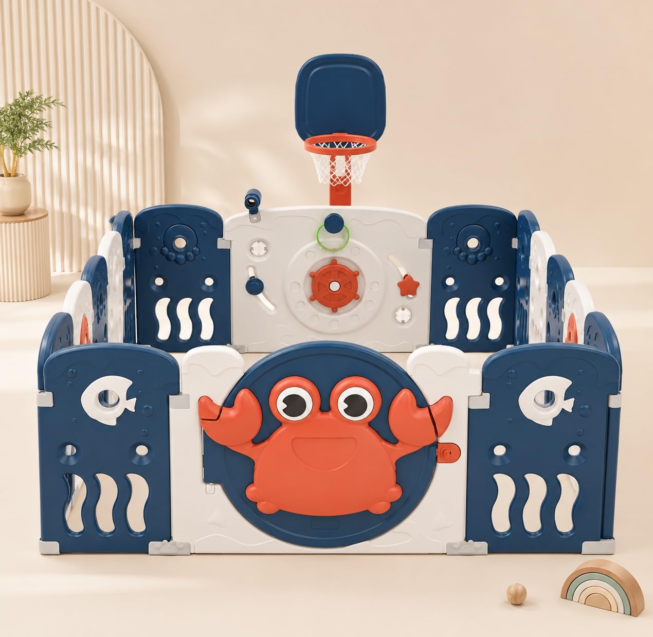 TINSY Sea World Baby Playpen | 12+2 Panel Safety Play Yard with Lockable Door and Activity Panels (~25 sq. feet of Play Area) | High Quality HDPE Material | Basketball Hoop Included | Indoor Play Area for Babies Toddlers and Kids | Ocean Blue Tinsy Sea World Baby Playpen, 12+2 Panels