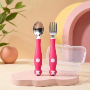 Tinsy Stainless Steel Self-Feeding Spoon and Fork Set with Travel Case, Premium Baby Utensils, Ergonomic Short-Handle Training Set for Infants & Toddlers (Blue)