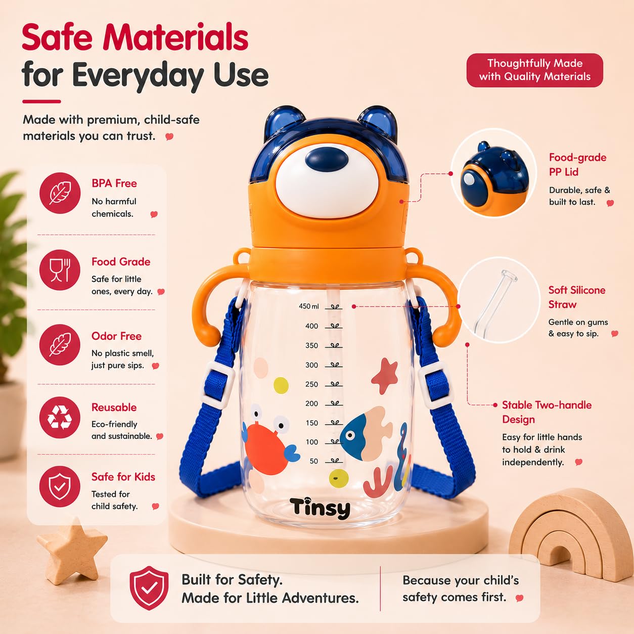 Tinsy Cute Bear Kids Straw Water Bottle 450 ml