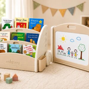TINSY 3-in-1 Convertible Kids Bookshelf with Whiteboard | Montessori Front-Facing Book Display Rack Converts to Toy Storage Organizer | Children's Bookcase for Nursery, Playroom & Bedroom| Grey