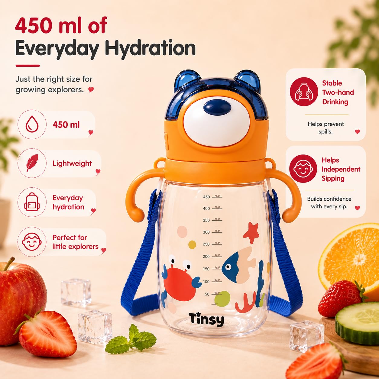 Tinsy Cute Bear Kids Straw Water Bottle 450 ml