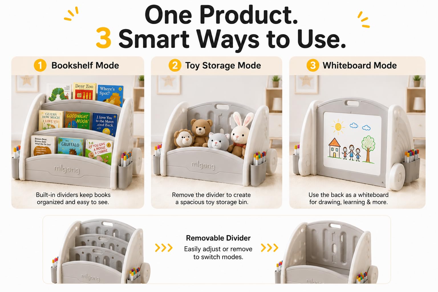 Tinsy 3-in-1 Convertible Kids Bookshelf with Whiteboard