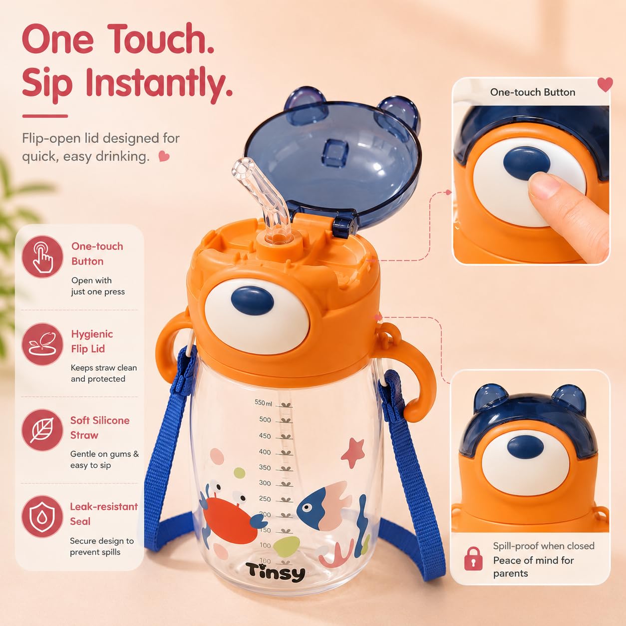 Tinsy CozyCub Kids Sipper Water Bottle 550 ml
