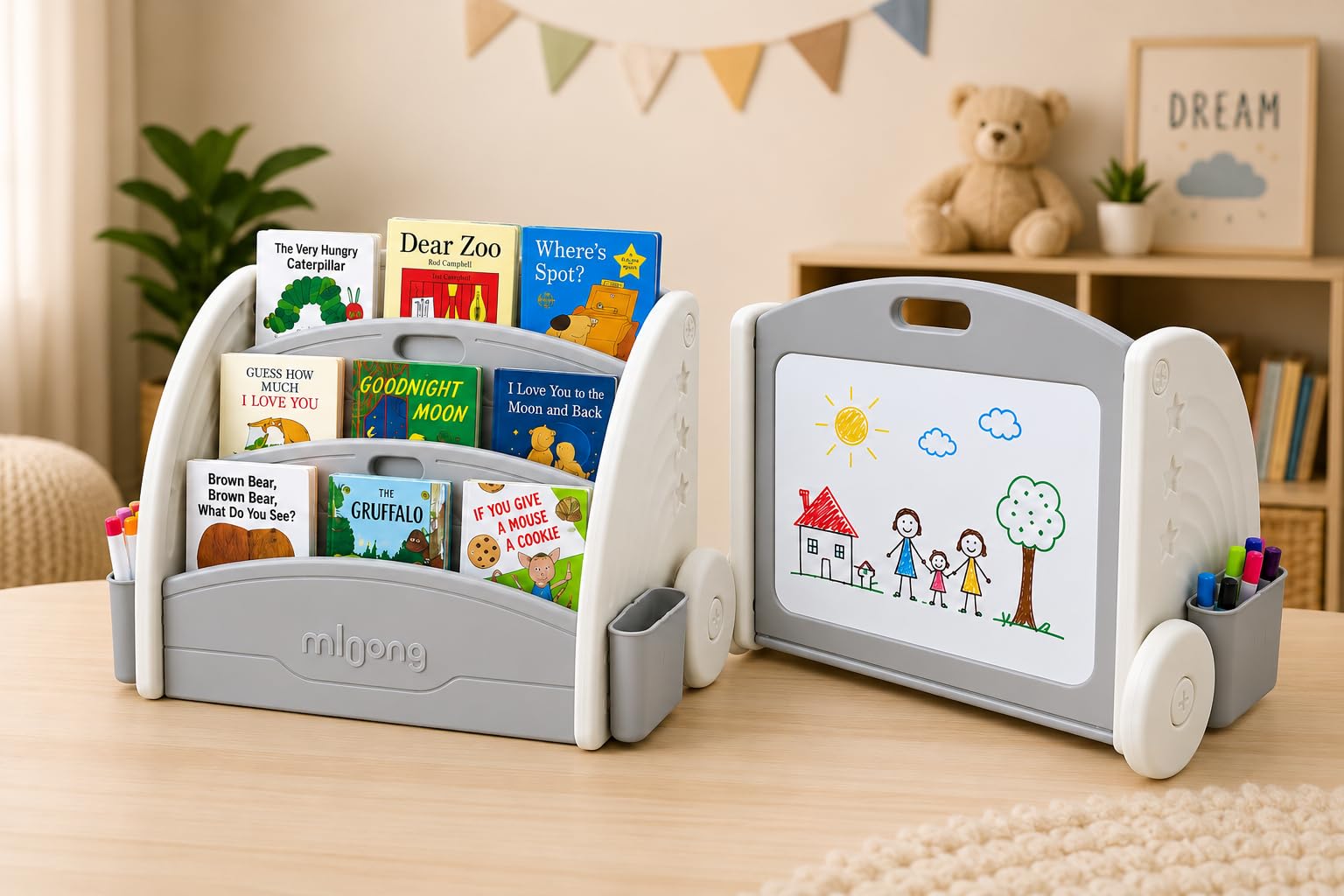 TINSY 3-in-1 Convertible Kids Bookshelf with Whiteboard | Montessori Front-Facing Book Display Rack Converts to Toy Storage Organizer | Children's Bookcase for Nursery, Playroom & Bedroom| Grey Tinsy 3-in-1 Convertible Kids Bookshelf with Whiteboard