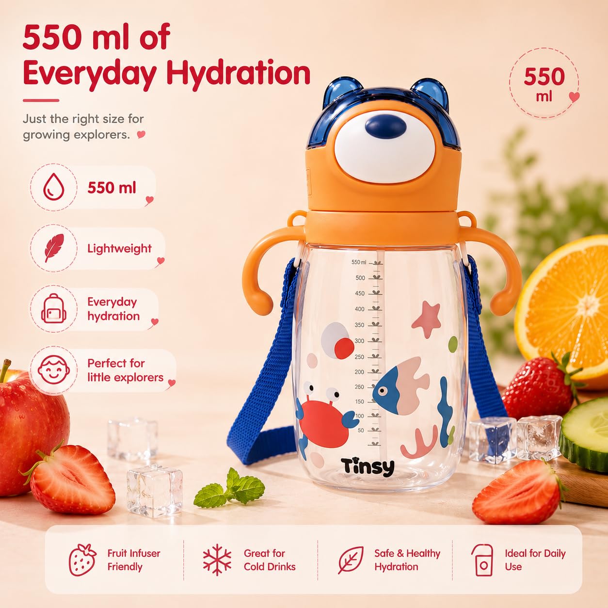 Tinsy CozyCub Kids Sipper Water Bottle 550 ml