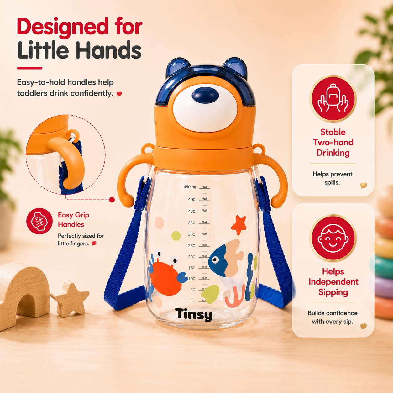 Tinsy Cute Bear Kids Straw Water Bottle 450 ml